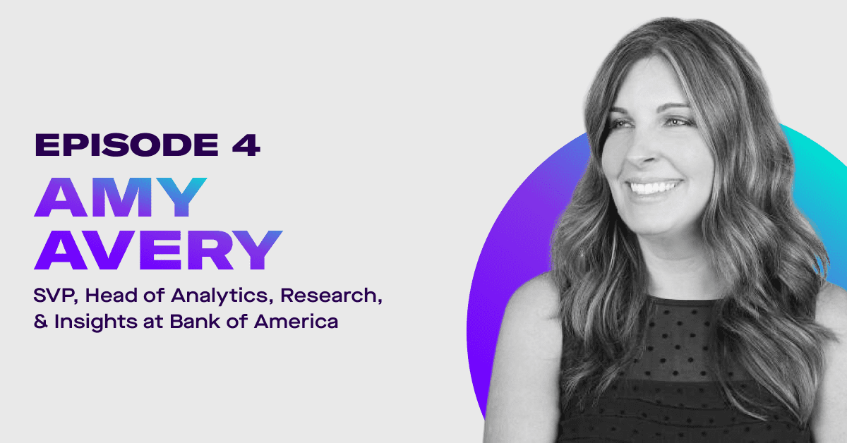 Black and white headshot on a purple-and-teal gradient circle. Episode 4 of Category Makers and Wall Breakers - Amy Avery, SVP at Bank of America.